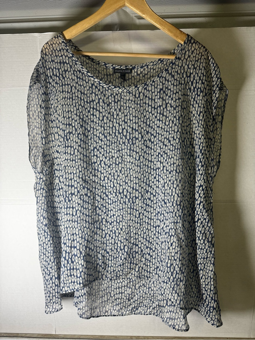Eileen Fisher Blue and White Printed 100%Silk sheer Blouse for layering